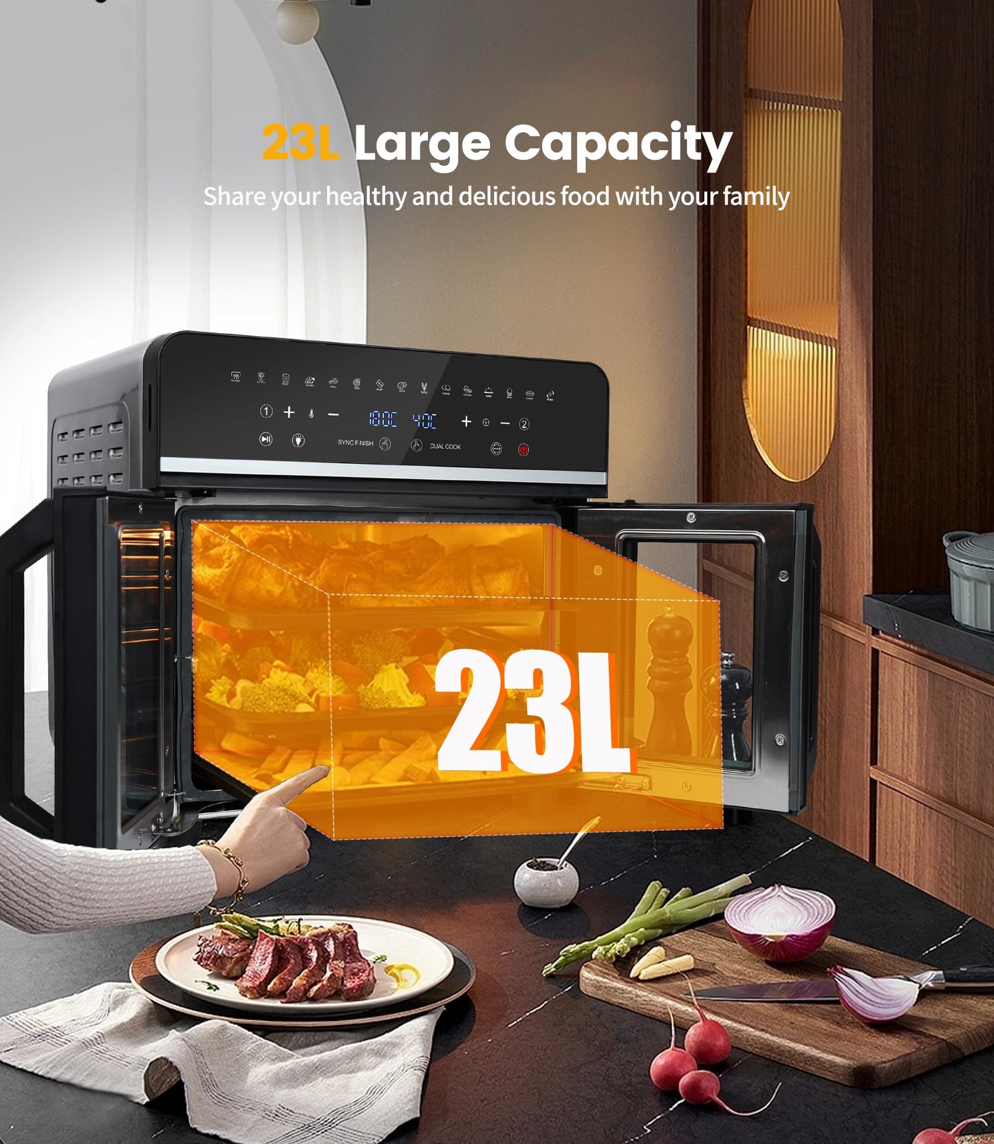 Freidora de Aire XXL 23L Emphsism – Horno de Aire Caliente 2600W, Doble Compartimento, Pantalla LED Táctil, 15 Programas Automáticos, 11 Accesorios Incluidos