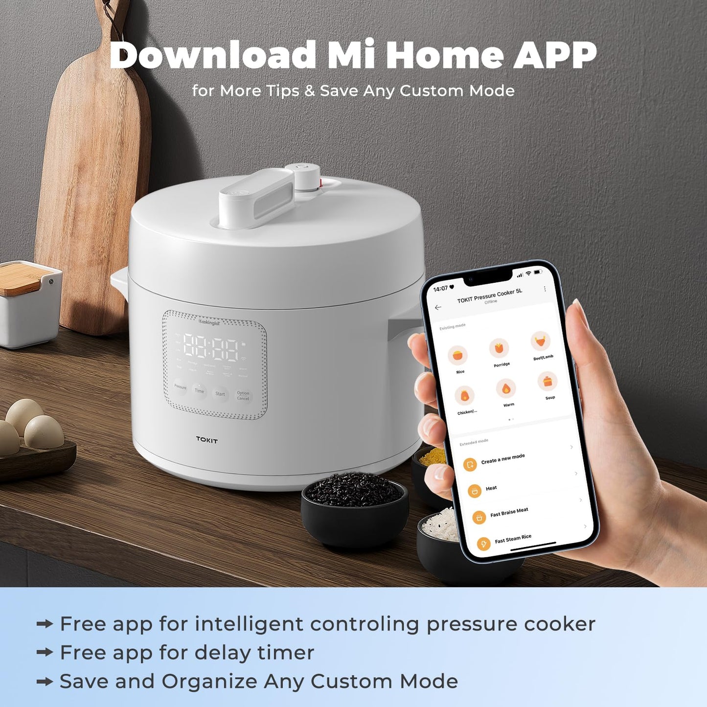TOKIT Pressure Cooker 5L, Reiskocher Multikocher Druckkochtopf, Elektrischer Schnellkochtopf mit 14 Kochprogramme, Schongarer Joghurtbereiter, MiHome Smart Control Antihaftbeschichtete Innentopf