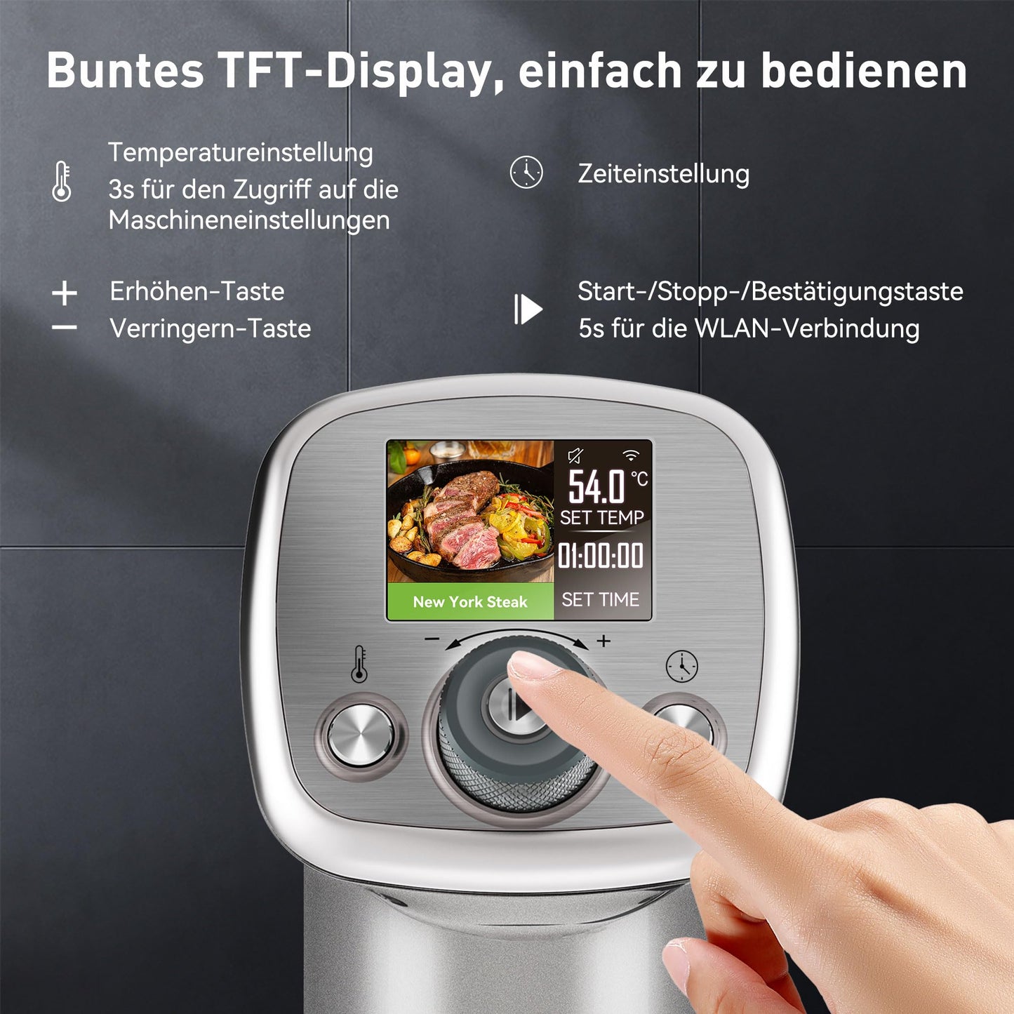 KitchenBoss Sous Vide Stick WiFi:Sous Vide Garer App-Steuerung Sous Vide Stab WLAN Präzisionskocher TFT Touch Display 1100W Zirkulation 40℃-90℃ Ultra-leise IPX7 Wasserdicht