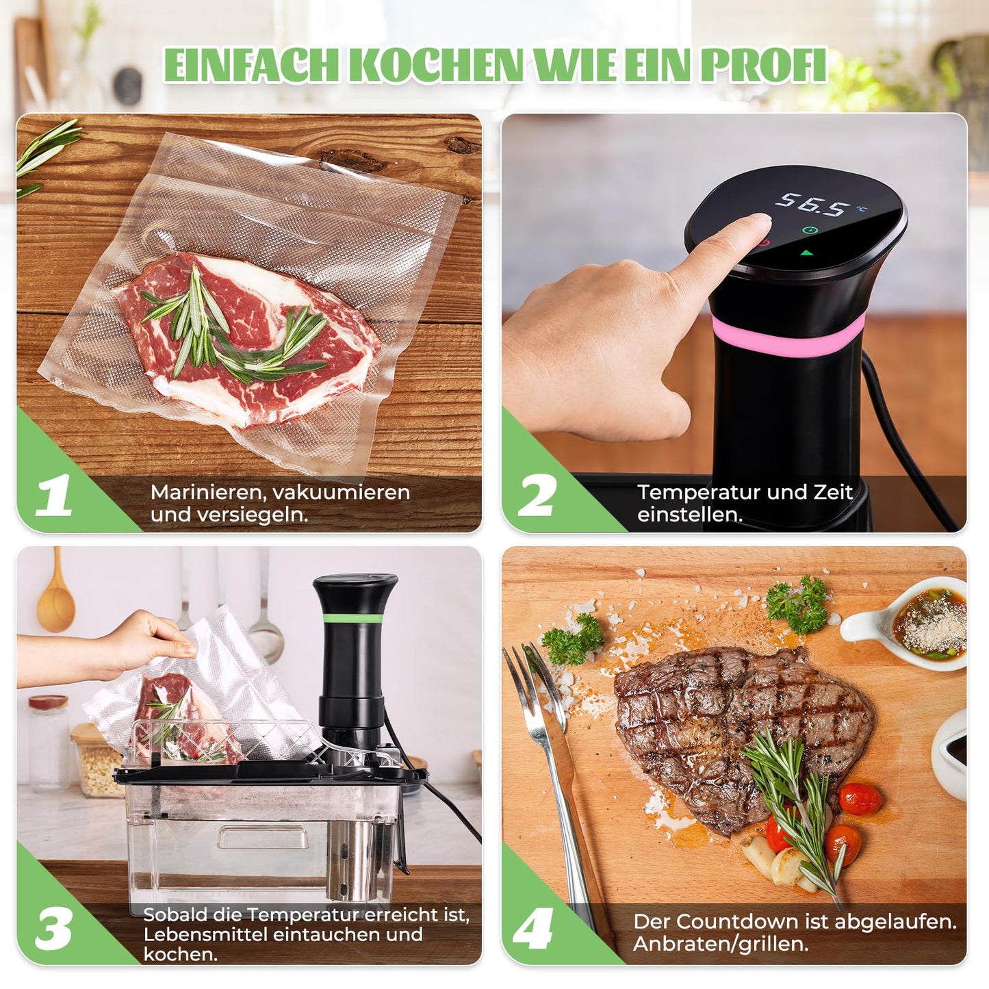 Sous Vide Garer Sous Vide Stick mit LCD Touchdisplay Eintauchthermostat Timer Sous-Vide Garer 1000W für Behälter bis 20L 25-92,5℃ Slow Cooker 360° Präzisionskochtopf Immersion Zirkulation