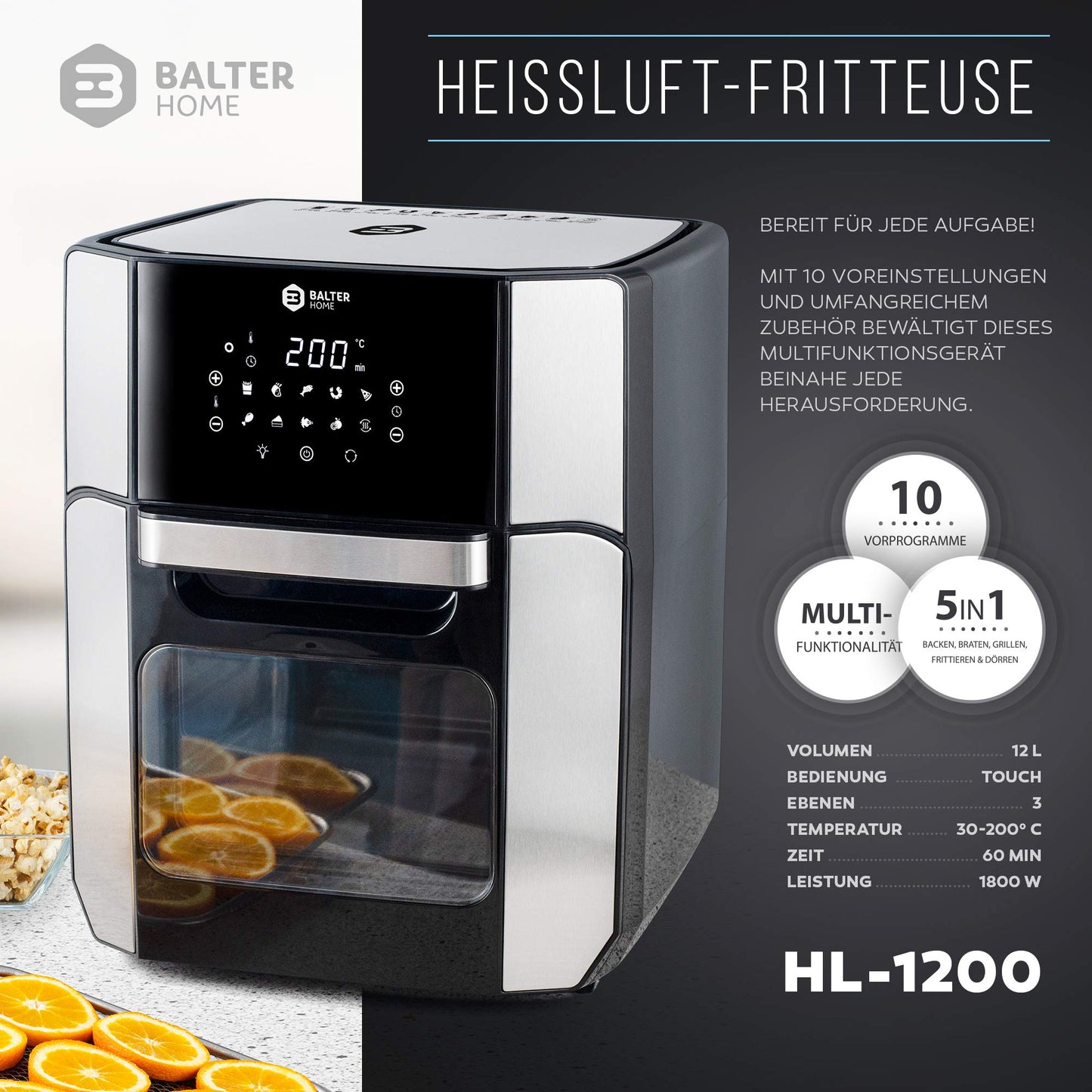 Balter Heißluftfritteuse Airfryer, 12 Liter XXL, Mini Backofen, Dörrautomat, Friteuse Heissluftfritteuse, 10 Programme, all-in-1 Air Fryer, Rezeptbuch, HL-1200