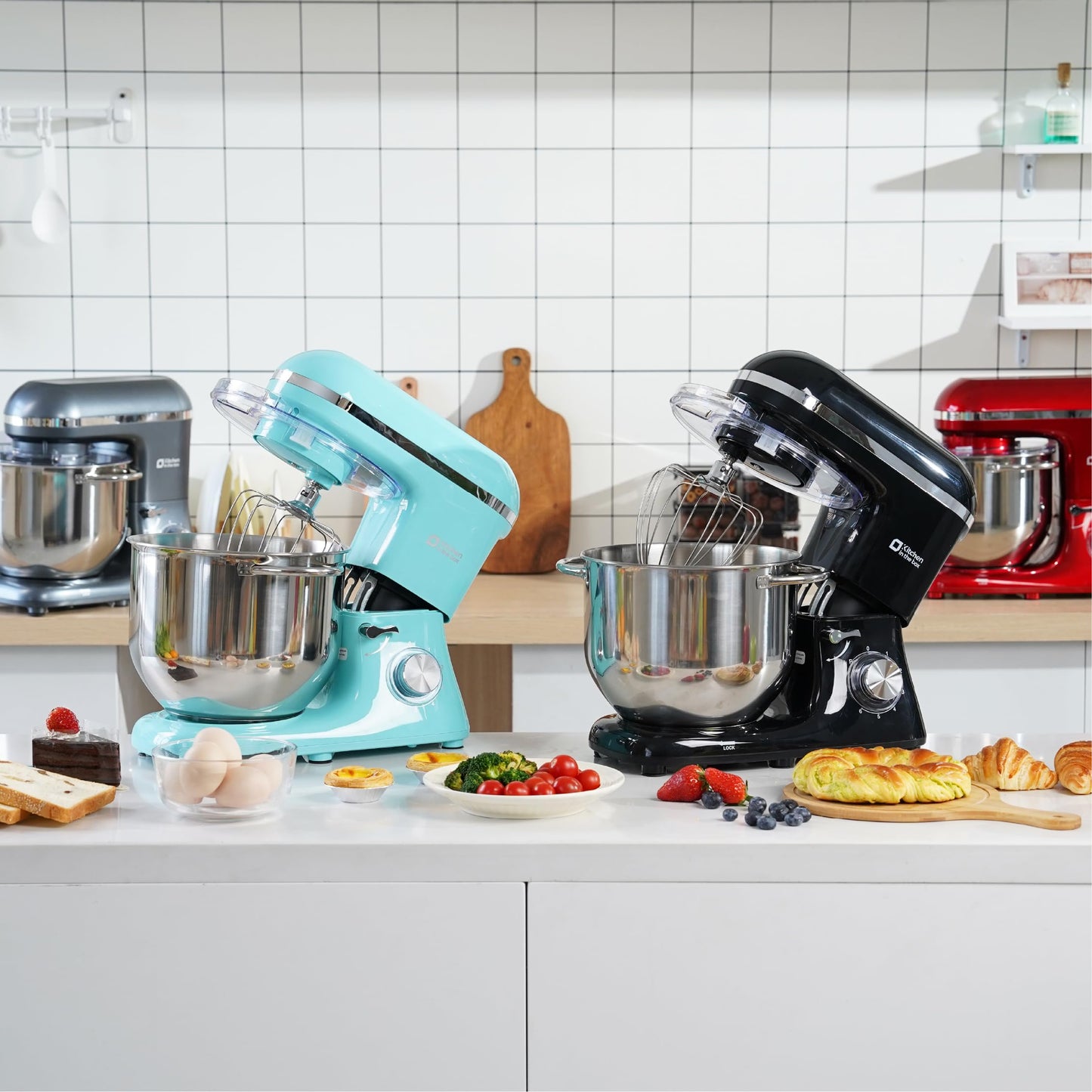 Kitchen in the box Küchenmaschine, 7,5 L Knetmaschine 1400 W, 6 Geschwindigkeits Teigmaschine mit Rührhaken, Knethaken, Schneebesen, Schwarz