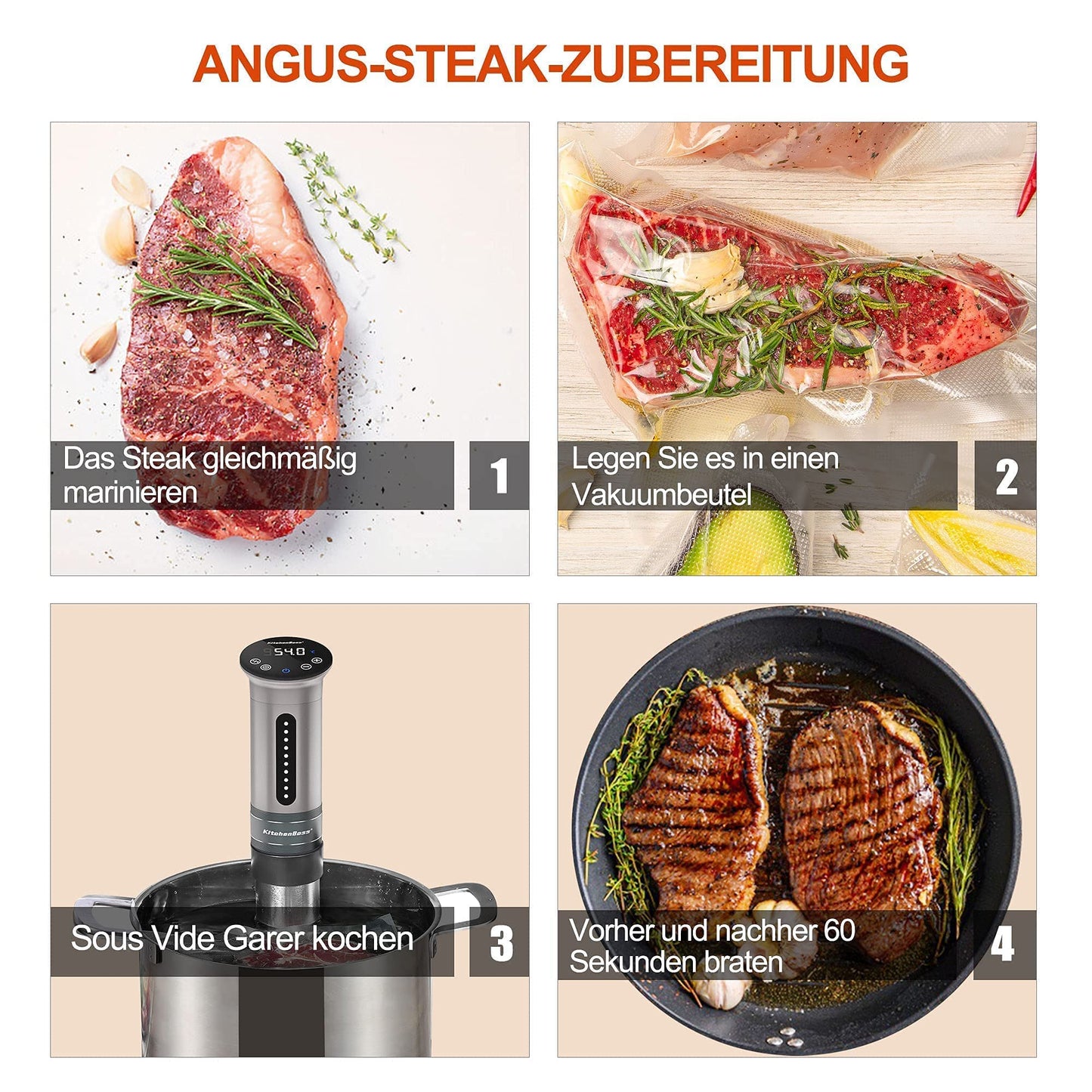 KitchenBoss Sous Vide Garer Stick Präzisionskocher•1100W •360° Zirkulation•40℃-90℃ Temperaturbereich • IPX7 Wasserdicht • LED Touch Display