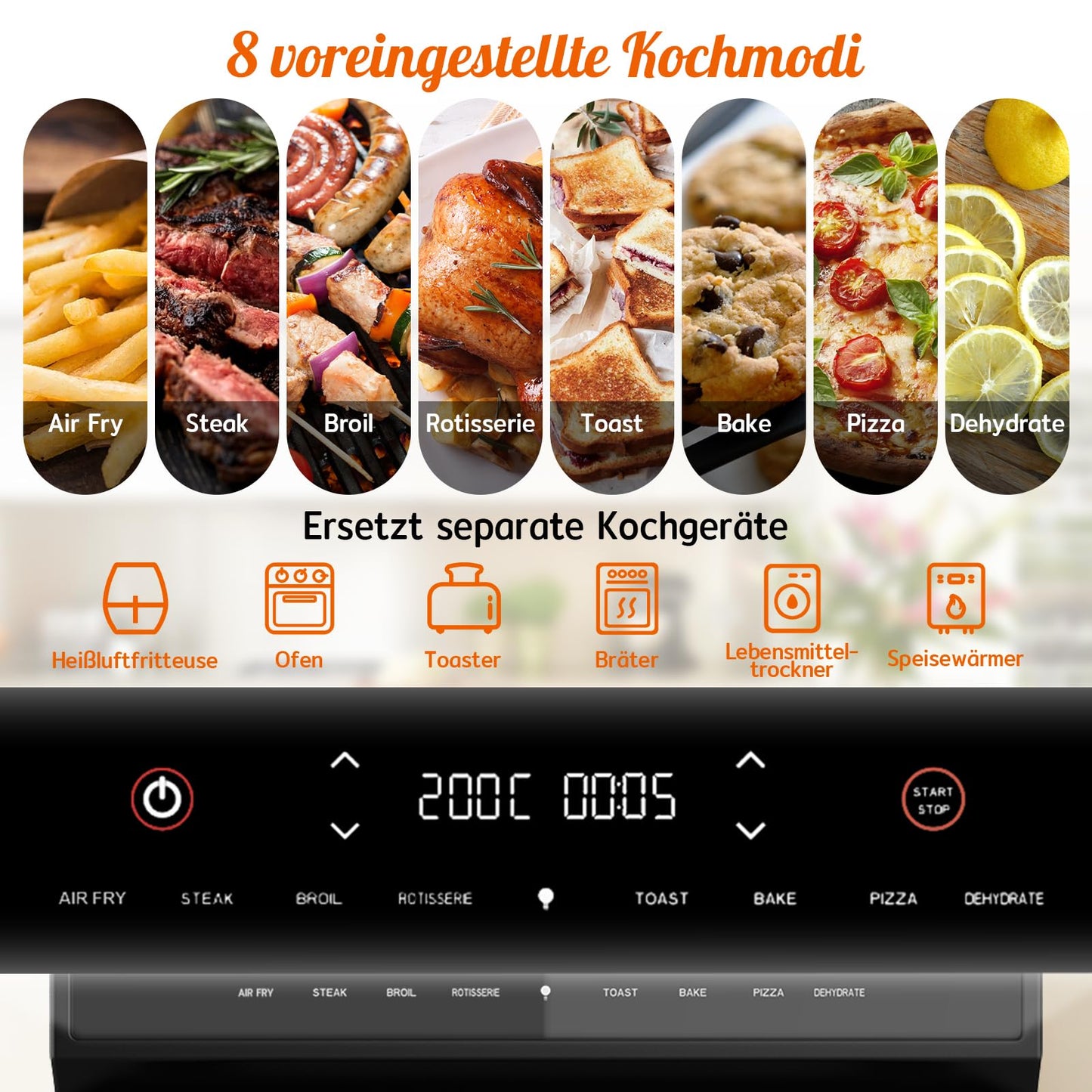 HYSapientia® 24L Heißluftfritteuse XXL mit LED-Touchscreen,8 Programme mini backofen mit umluft, heißluftofen,1800W heissluftfritteuse air fryer oven,Rezeptbuch auf Deutsch,Edelstahl-Innenraum