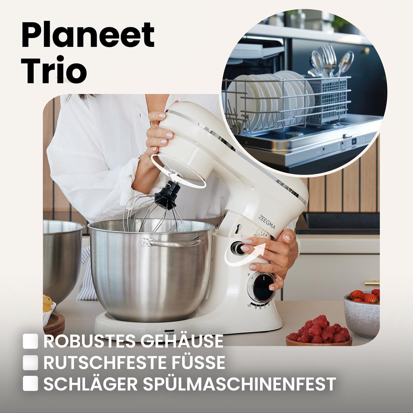 ZEEGMA PLANEET TRIO Planetenroboter, 1500 W, Multifunktionale Küchenmaschine mit 3 Schüsseln 4 l, 4,5 l und 5,2 l, 10 Betriebsgeschwindigkeiten, Mixer mit Haken, Schneebesen, Deckel mit Messgerät