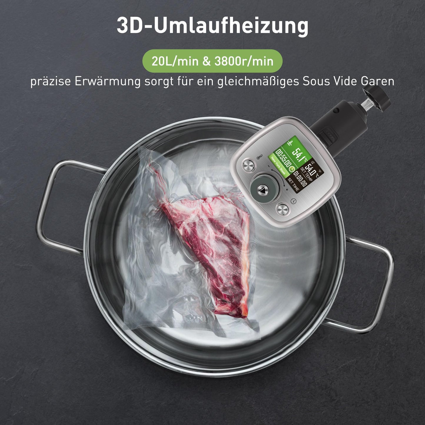 KitchenBoss Sous Vide Stick WiFi:Sous Vide Garer App-Steuerung Sous Vide Stab WLAN Präzisionskocher TFT Touch Display 1100W Zirkulation 40℃-90℃ Ultra-leise IPX7 Wasserdicht