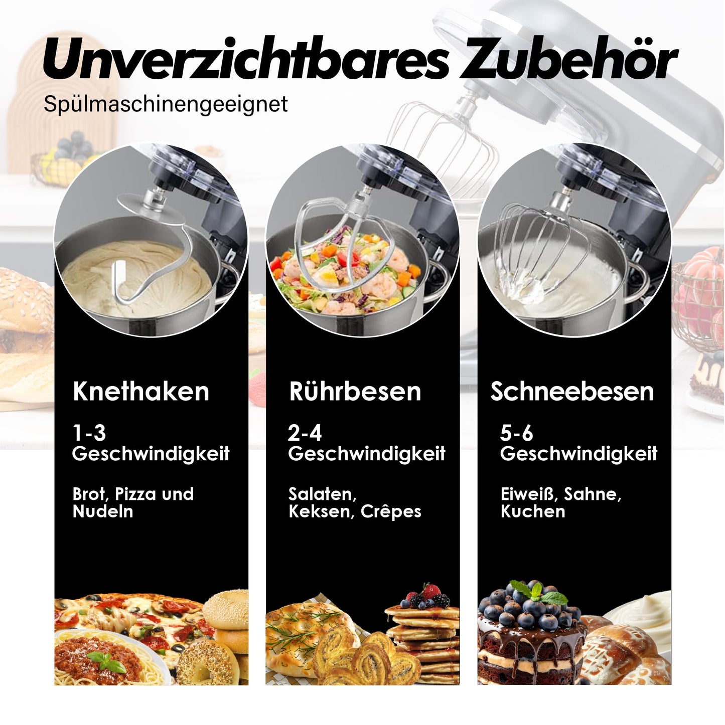 Kitchen in the box Küchenmaschine, 7,5 L Knetmaschine 1400 W, 6 Geschwindigkeits Teigmaschine mit Rührhaken, Knethaken, Schneebesen, Schwarz