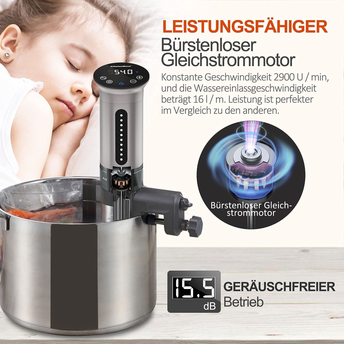 KitchenBoss Sous Vide Garer Stick Präzisionskocher•1100W •360° Zirkulation•40℃-90℃ Temperaturbereich • IPX7 Wasserdicht • LED Touch Display