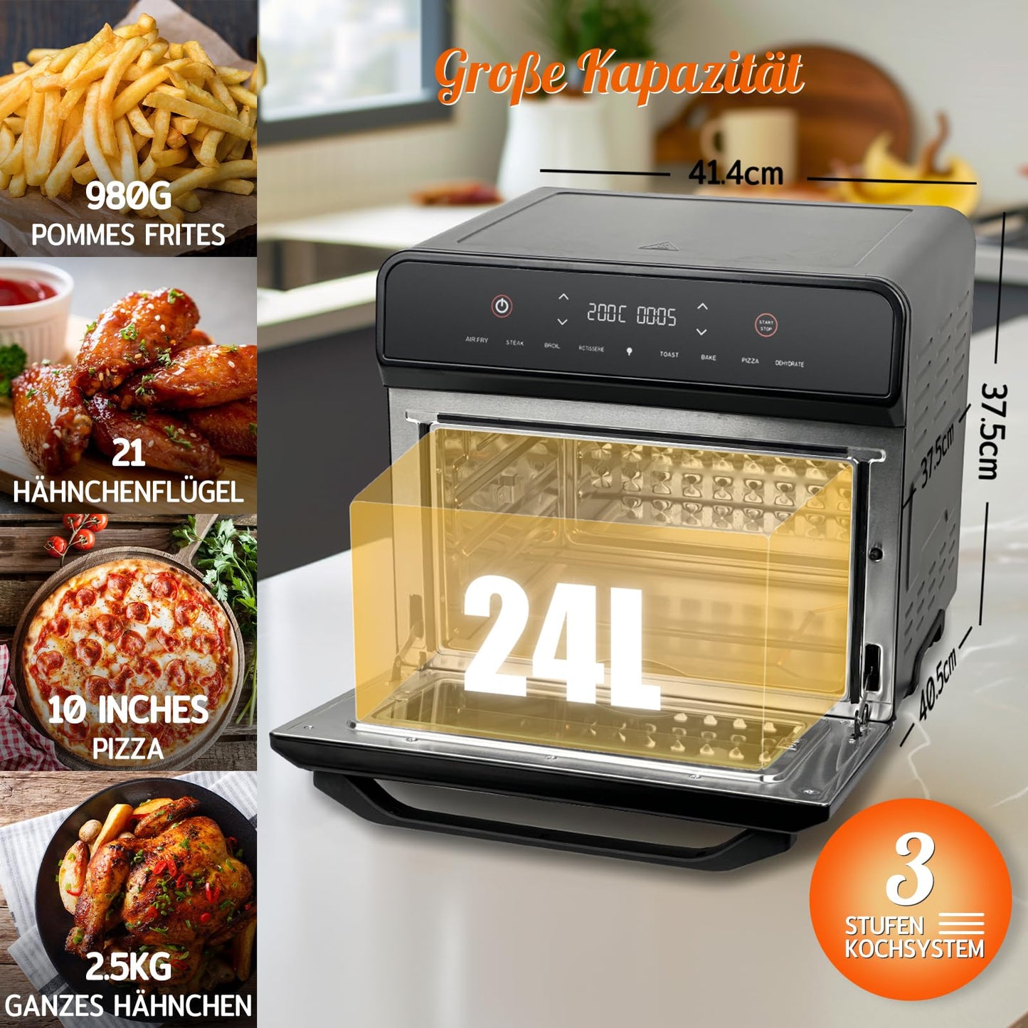 HYSapientia® 24L Heißluftfritteuse XXL mit LED-Touchscreen,8 Programme mini backofen mit umluft, heißluftofen,1800W heissluftfritteuse air fryer oven,Rezeptbuch auf Deutsch,Edelstahl-Innenraum
