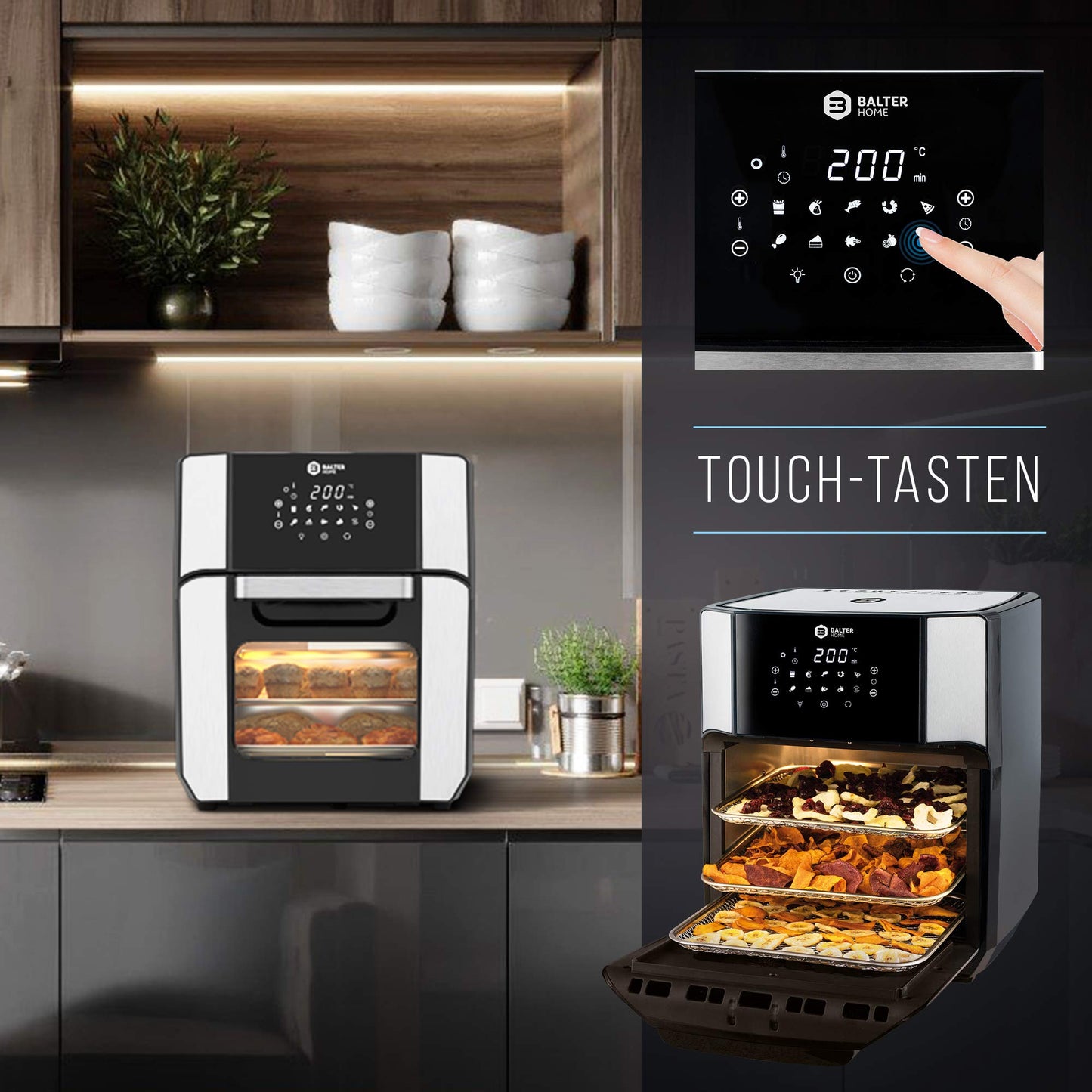 Balter Heißluftfritteuse Airfryer, 12 Liter XXL, Mini Backofen, Dörrautomat, Friteuse Heissluftfritteuse, 10 Programme, all-in-1 Air Fryer, Rezeptbuch, HL-1200