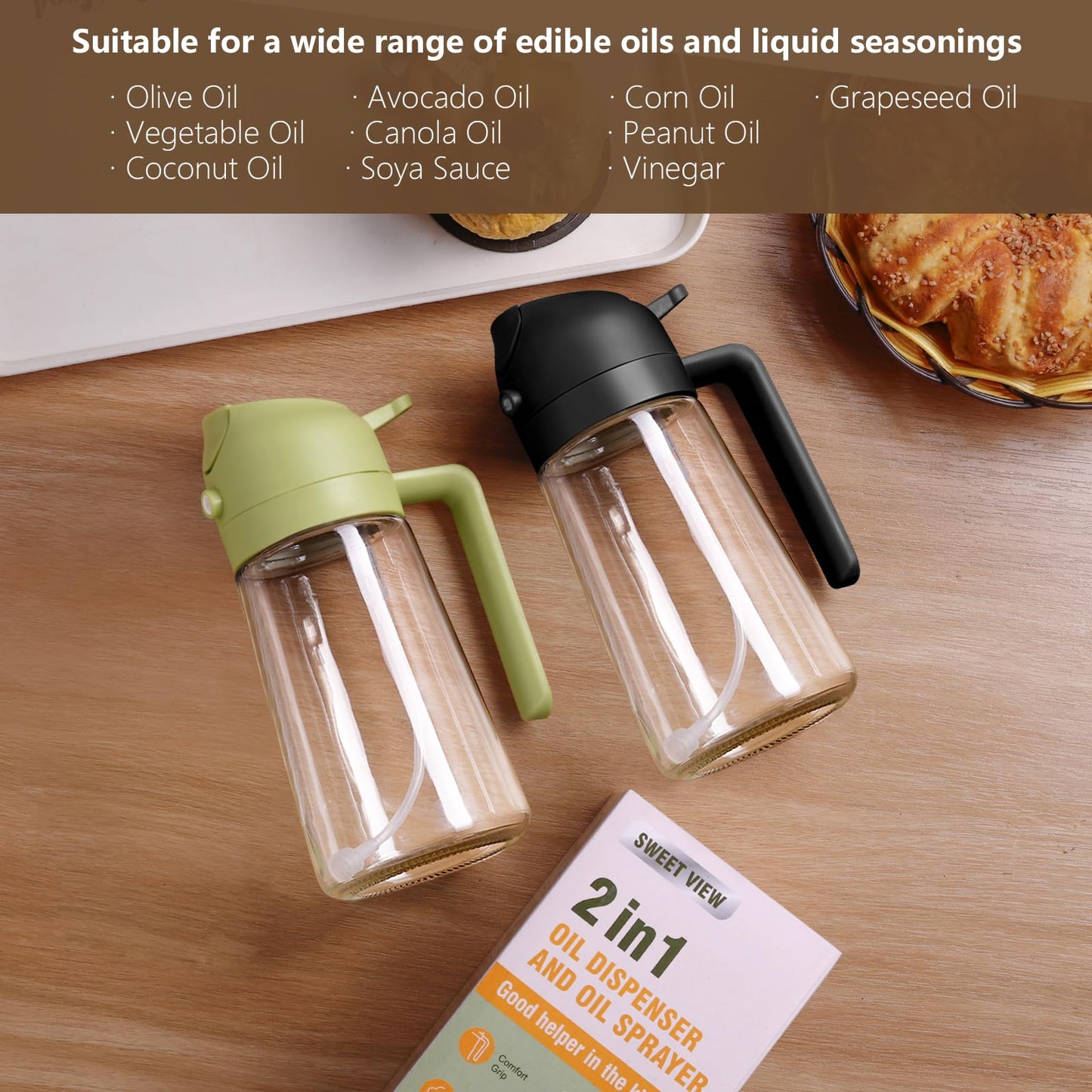 SWEET VIEW 2 in 1 Ölsprüher zum Kochen, 470ml Glasölflaschen/Olivenöl Sprühflasche für Salat, Grillen und Heißluftfritteuse (Schwarz)