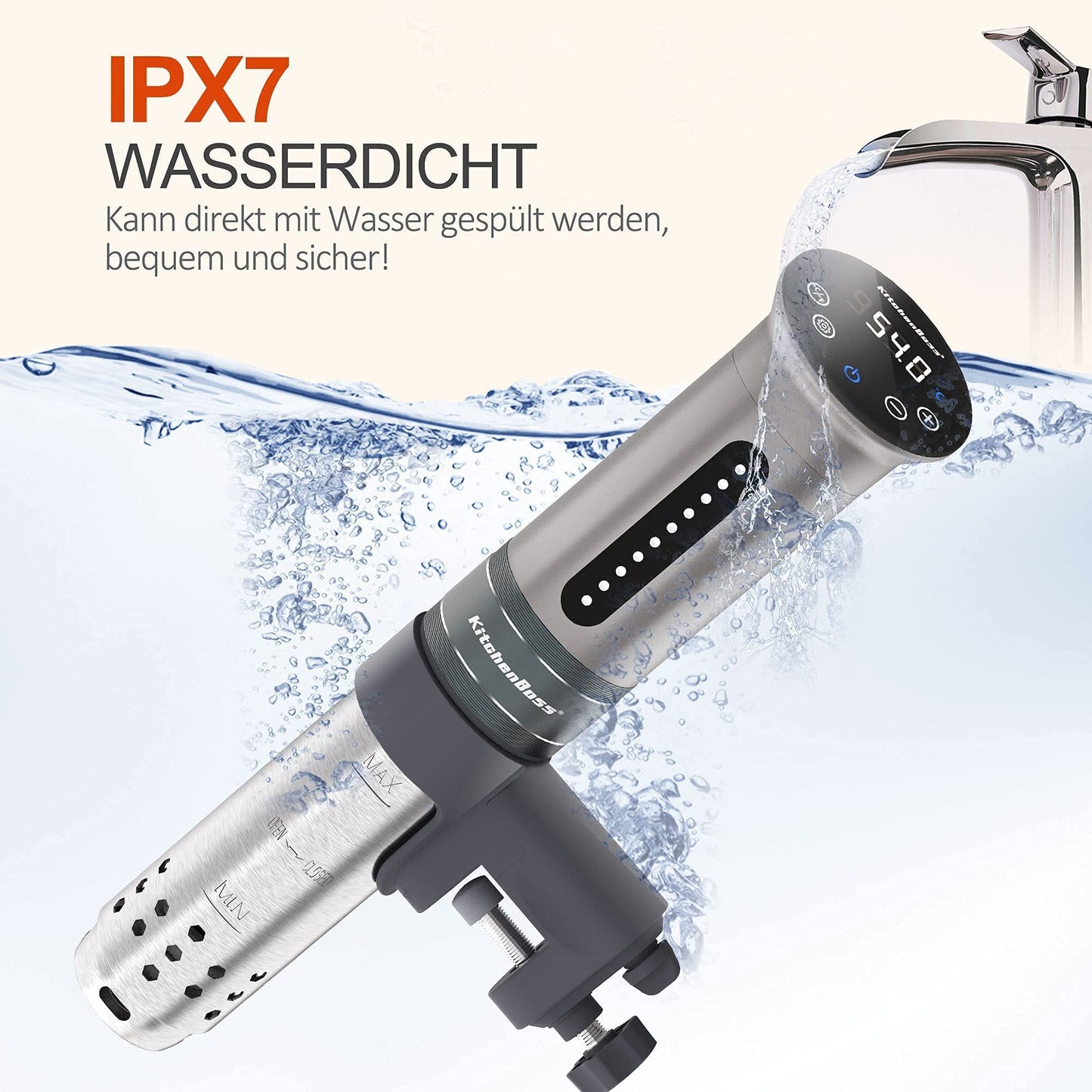 KitchenBoss Sous Vide Garer Stick Präzisionskocher•1100W •360° Zirkulation•40℃-90℃ Temperaturbereich • IPX7 Wasserdicht • LED Touch Display