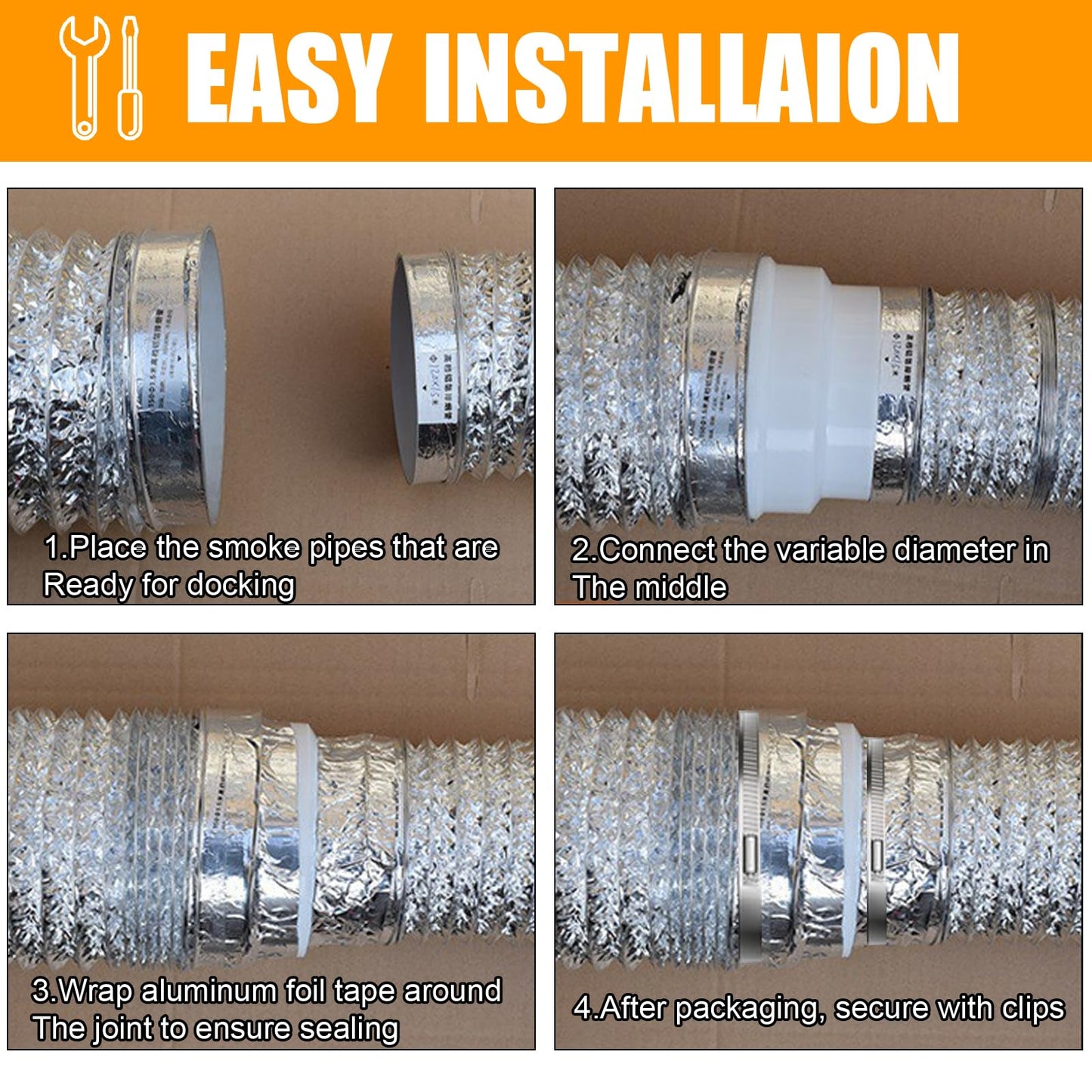 QGGTQG Reduzierverbinder Ø120 150 160mm 2 STK Abluft Reduzierstück Reduzierverbinder Lüftung ABS Reduktion Rohr mit 2 Edelstahl Schlauchschellen und 2 Rollen Aluminiumfolienband