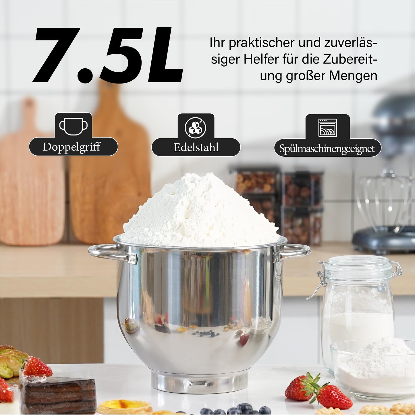 Kitchen in the box Küchenmaschine, 7,5 L Knetmaschine 1400 W, 6 Geschwindigkeits Teigmaschine mit Rührhaken, Knethaken, Schneebesen, Schwarz