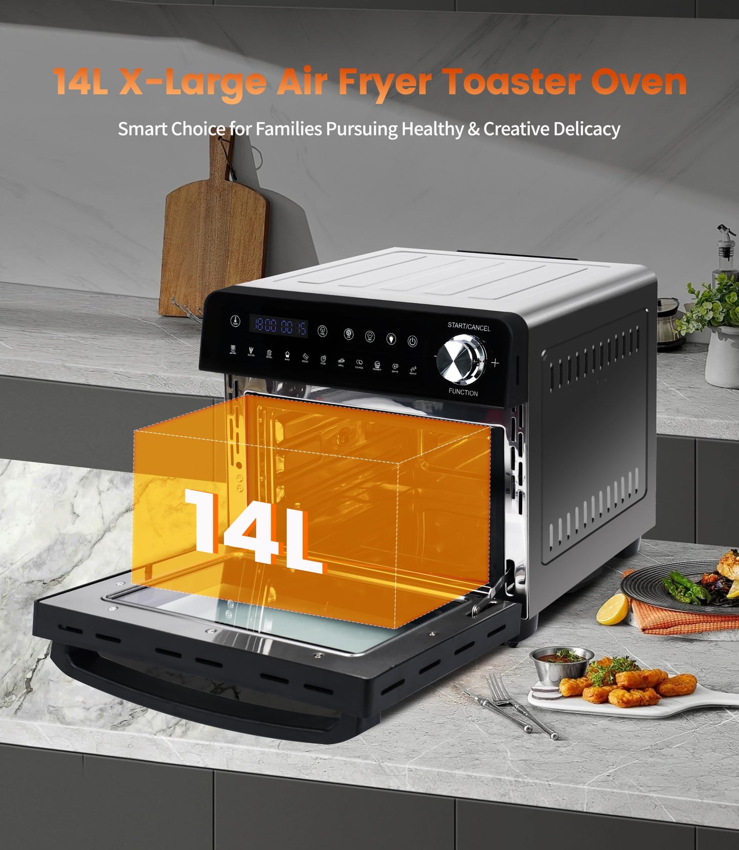 14L Mini Backofen & Heißluftfritteuse | 1800W Airfryer XXL mit Sichtfenster, 11-in-1 Ofen bis 210 ℃, Touchscreen, 7 Zubehör & Rezeptbuch