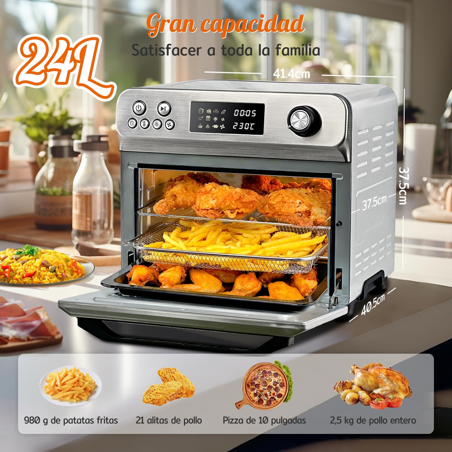 HYSapientia® Horno Freidora de Aire 24L – 1800W, 10 Programas, 8 Accesorios