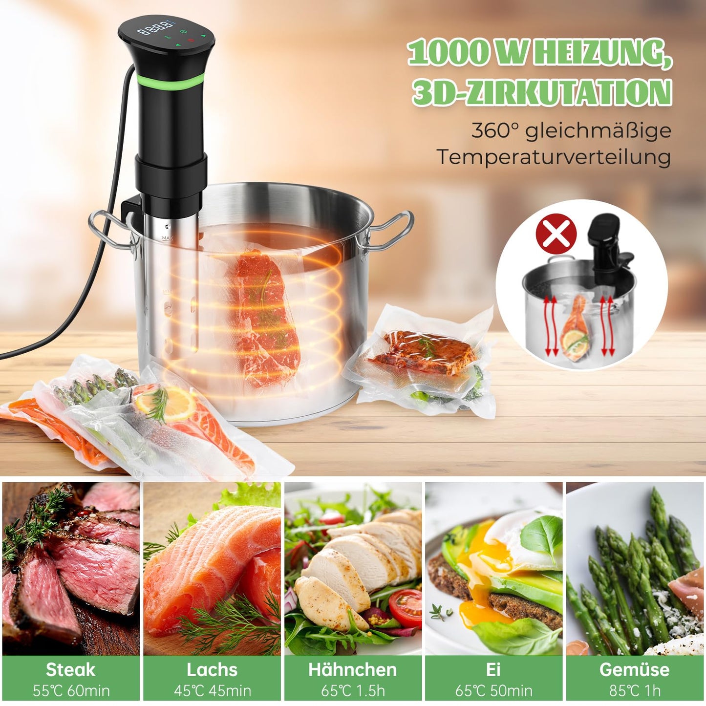 Sous Vide Garer Sous Vide Stick mit LCD Touchdisplay Eintauchthermostat Timer Sous-Vide Garer 1000W für Behälter bis 20L 25-92,5℃ Slow Cooker 360° Präzisionskochtopf Immersion Zirkulation