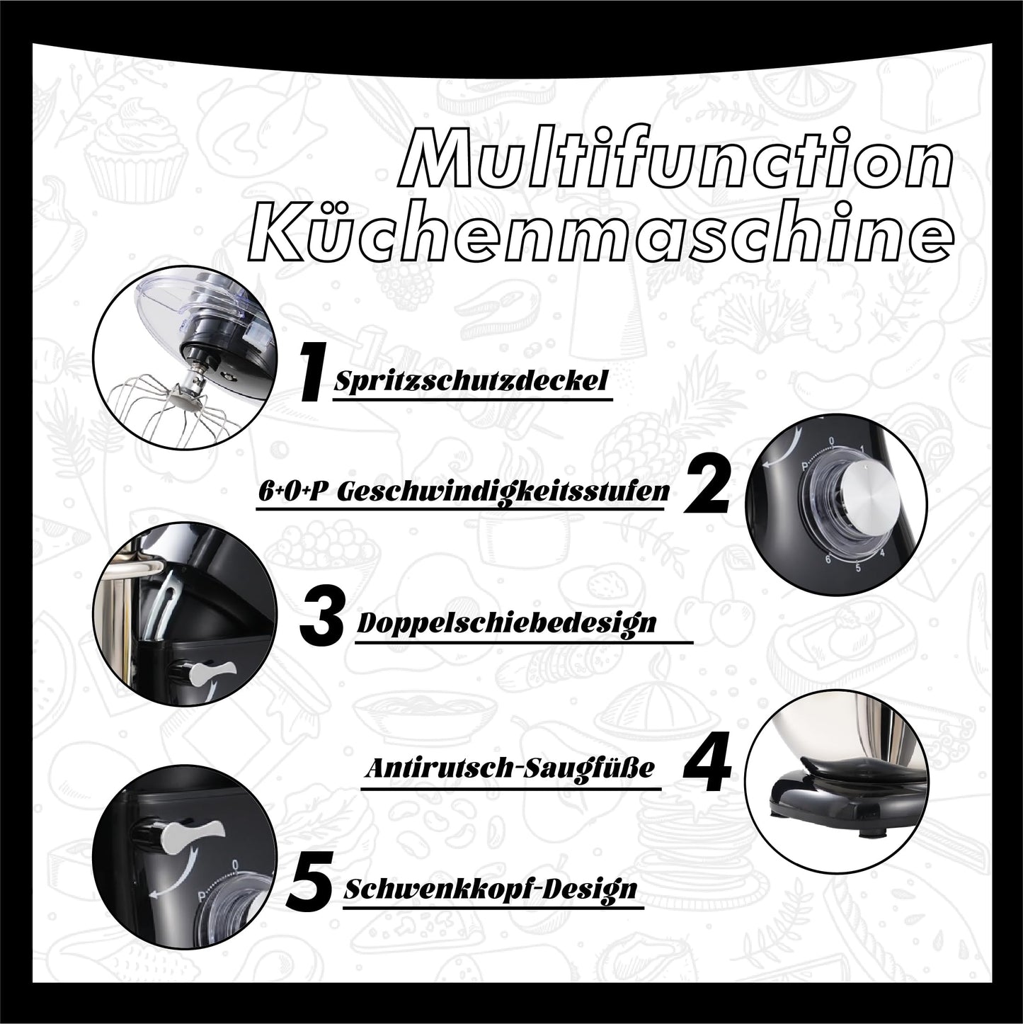 Kitchen in the box Küchenmaschine, 7,5 L Knetmaschine 1400 W, 6 Geschwindigkeits Teigmaschine mit Rührhaken, Knethaken, Schneebesen, Schwarz
