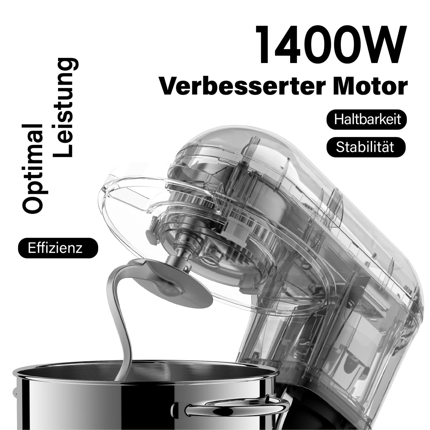 Kitchen in the box Küchenmaschine, 7,5 L Knetmaschine 1400 W, 6 Geschwindigkeits Teigmaschine mit Rührhaken, Knethaken, Schneebesen, Schwarz