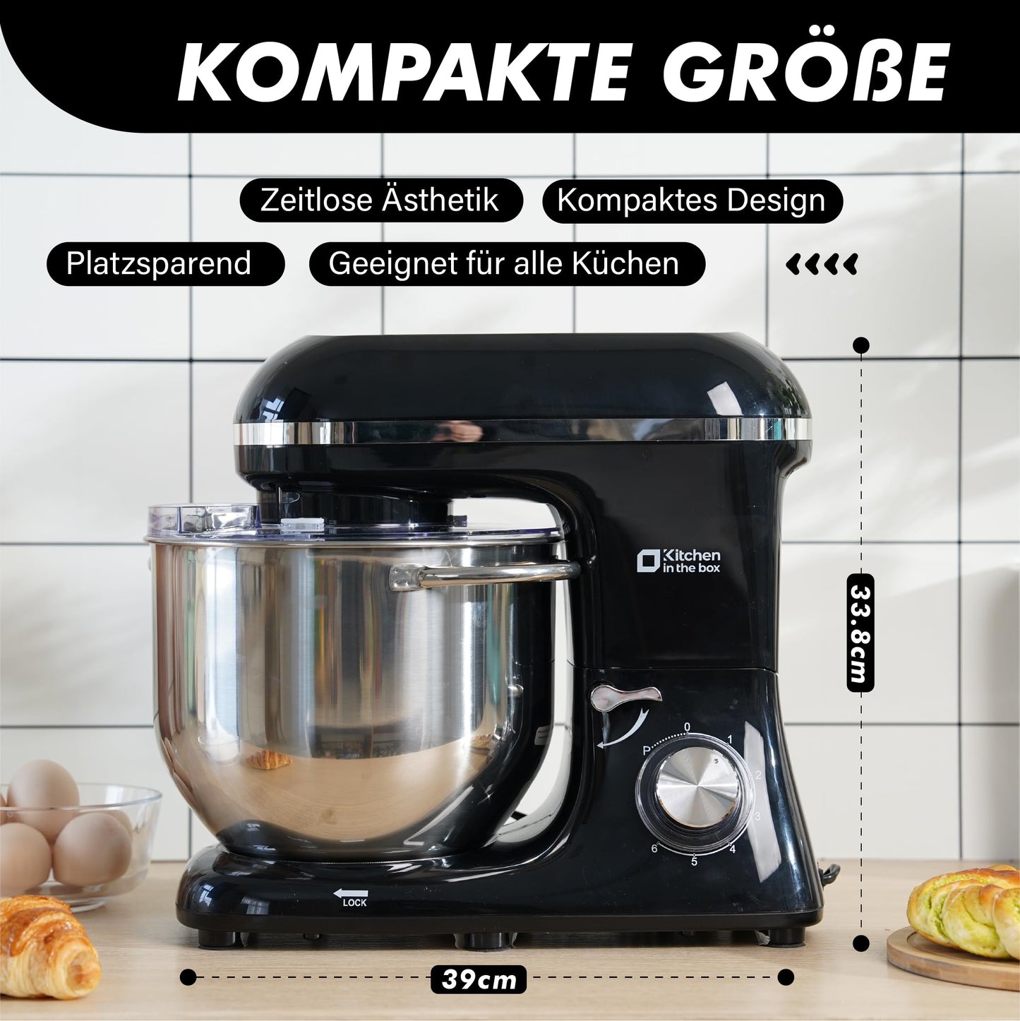 Kitchen in the box Küchenmaschine, 7,5 L Knetmaschine 1400 W, 6 Geschwindigkeits Teigmaschine mit Rührhaken, Knethaken, Schneebesen, Schwarz
