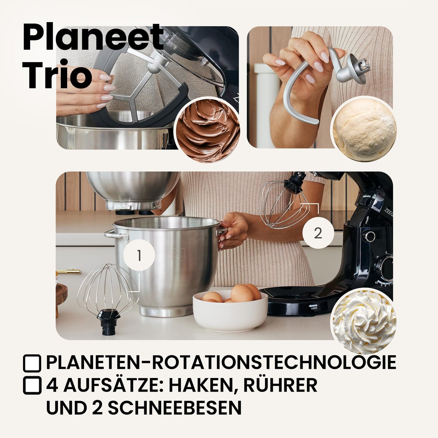 ZEEGMA PLANEET TRIO Planetenroboter, 1500 W, Multifunktionale Küchenmaschine mit 3 Schüsseln 4 l, 4,5 l und 5,2 l, 10 Betriebsgeschwindigkeiten, Mixer mit Haken, Schneebesen, Deckel mit Messgerät