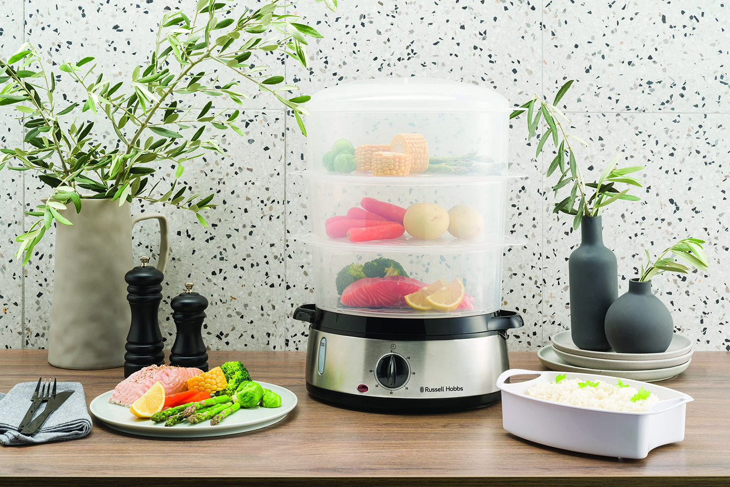 Russell Hobbs Cook@Home Vaporera Eléctrica – 9L, 3 Recipientes y Arrocera, Acero Inoxidable, 800W