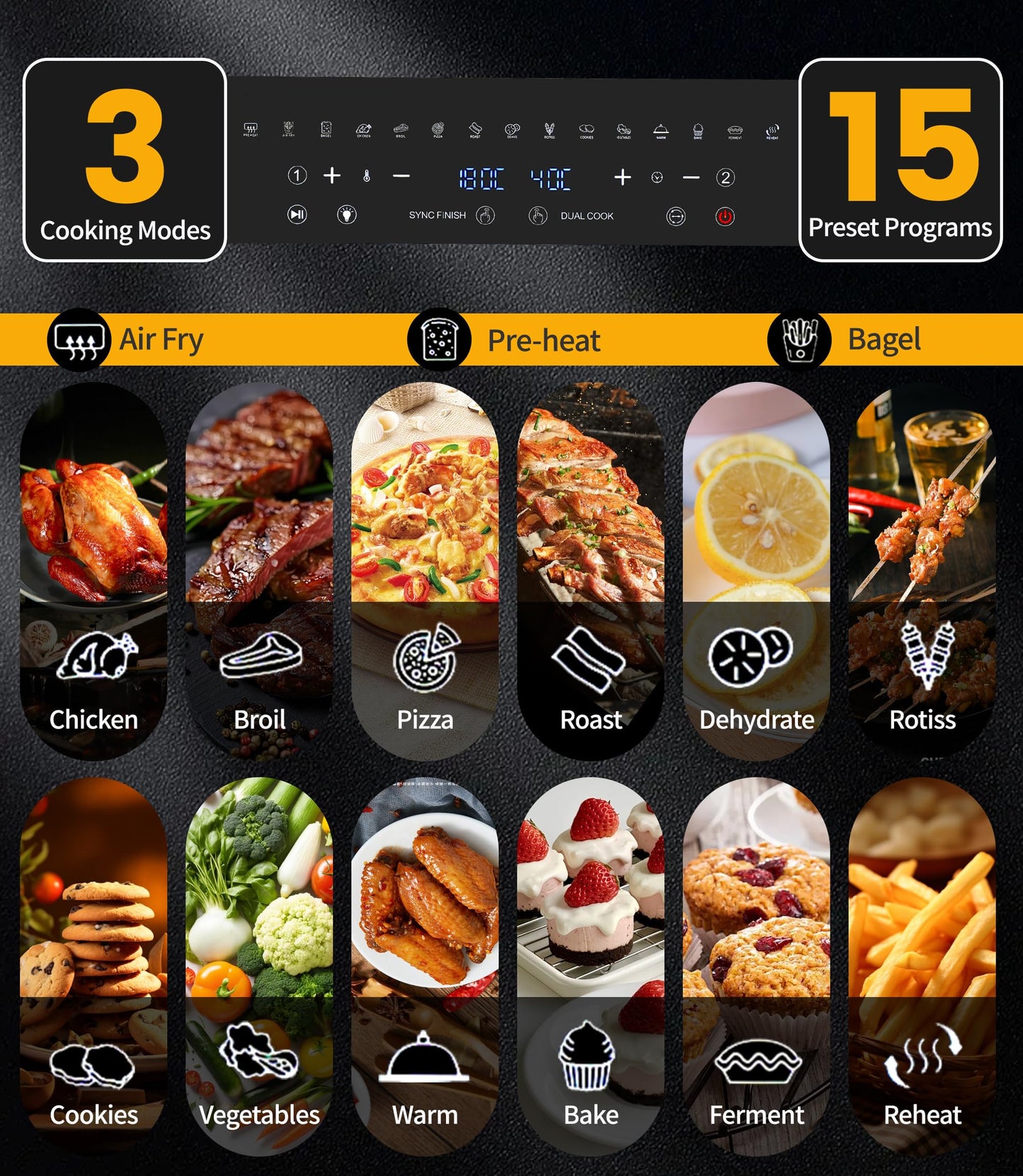 Freidora de Aire XXL 23L Emphsism – Horno de Aire Caliente 2600W, Doble Compartimento, Pantalla LED Táctil, 15 Programas Automáticos, 11 Accesorios Incluidos