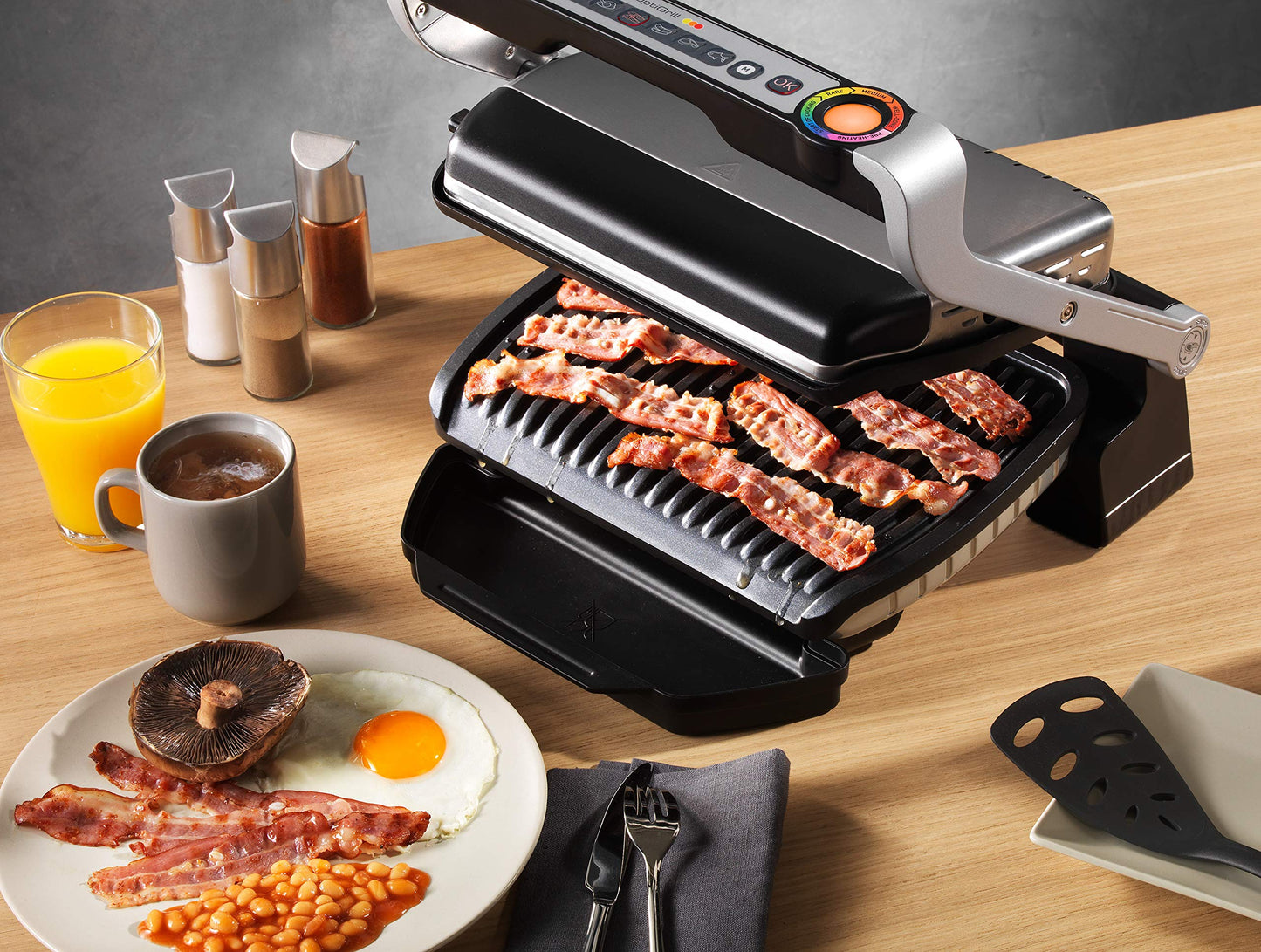 Tefal Optigrill – Parrilla de Contacto Inteligente, 6 Programas Automáticos, Placas Antiadherentes, 30x20 cm, Acero Inoxidable/Negro (GC705D)