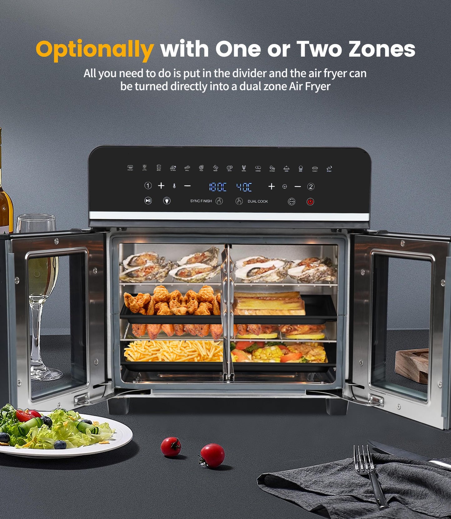 Freidora de Aire XXL 23L Emphsism – Horno de Aire Caliente 2600W, Doble Compartimento, Pantalla LED Táctil, 15 Programas Automáticos, 11 Accesorios Incluidos