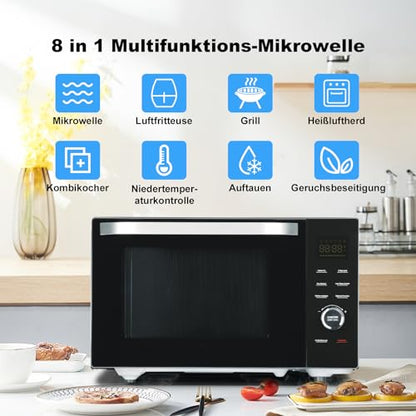 SMETA 8-in-1 Mikrowelle mit Heißluft & Grill & Kombi Funktion, Groß 34L, Mikrowelle mit Grill und Heißluft, 1000W Mikrowelle, 2400W Grill/Konvektion, Air Fry, Warmhaltestufe, 10 Auto-Menüs, Schwarz