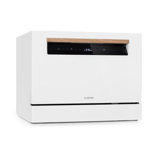 Klarstein Lagoona Mini-Geschirrspüler freistehend, Leistung: 1380 Watt, 6 Standardgedecke, Wasserverbrauch: 6,5 L 7 Programme plus Extra-Trocknung, 49 dB, schwarzes Touch-Bedienfeld, weiß
