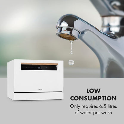 Klarstein Lagoona Mini-Geschirrspüler freistehend, Leistung: 1380 Watt, 6 Standardgedecke, Wasserverbrauch: 6,5 L 7 Programme plus Extra-Trocknung, 49 dB, schwarzes Touch-Bedienfeld, weiß