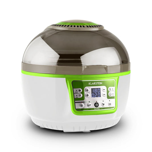 Klarstein VitAir Heißluftfritteuse Fritteuse, 1400 Watt, fett-frei Frittieren + Backen + Grillen + Rösten, Halogen-Infrarot-Heizelement, Automatik, Antihaft-Beschichtung, grün-weiß
