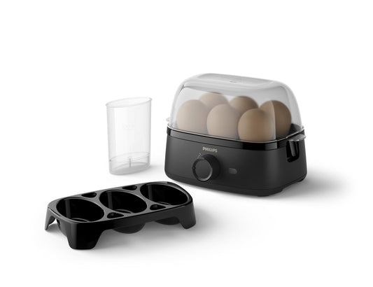 Philips HD9137/90 Cocedor de Huevos Eléctrico – 6 Huevos, 400W, Color Negro/Transparente