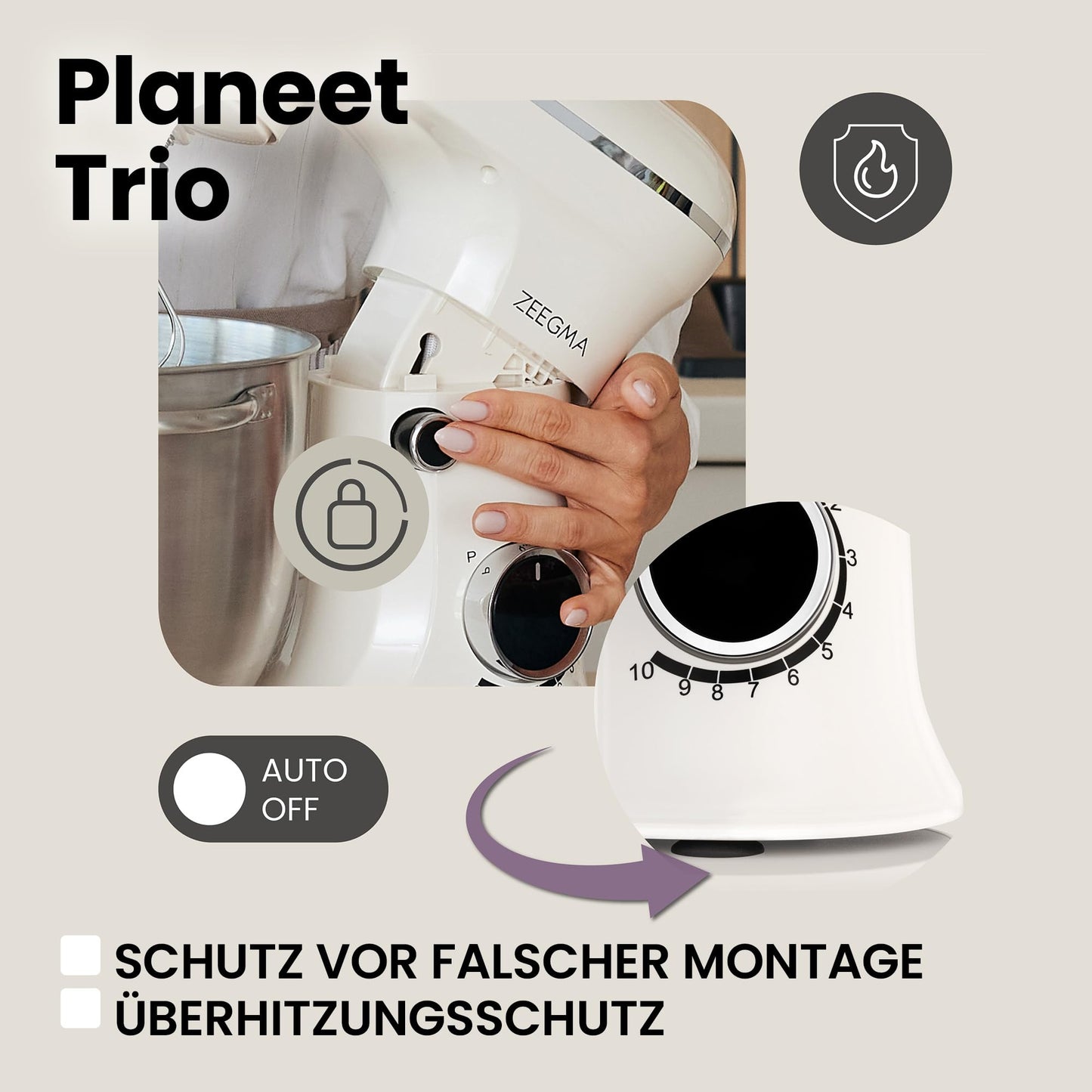 ZEEGMA PLANEET TRIO Planetenroboter, 1500 W, Multifunktionale Küchenmaschine mit 3 Schüsseln 4 l, 4,5 l und 5,2 l, 10 Betriebsgeschwindigkeiten, Mixer mit Haken, Schneebesen, Deckel mit Messgerät