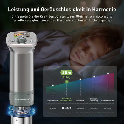 KitchenBoss Sous Vide Stick WiFi：Sous Vide Garer App-Steuerung Sous Vide Stab WLAN Präzisionskocher TFT Touch Display 1100W Zirkulation 40℃-90℃ Ultra-leise IPX7 Wasserdicht