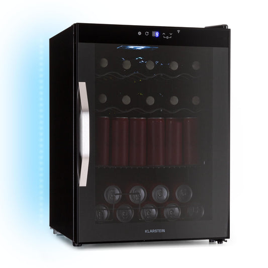 Klarstein Coachella 60 Getränkekühlschrank - 60 L Getränkekühler mit WLAN, Glastür, LED-Beleuchtung, 3-18 °C, 3 Metallablagen, Balanced Light, Energieeffizienz E, Schwarz