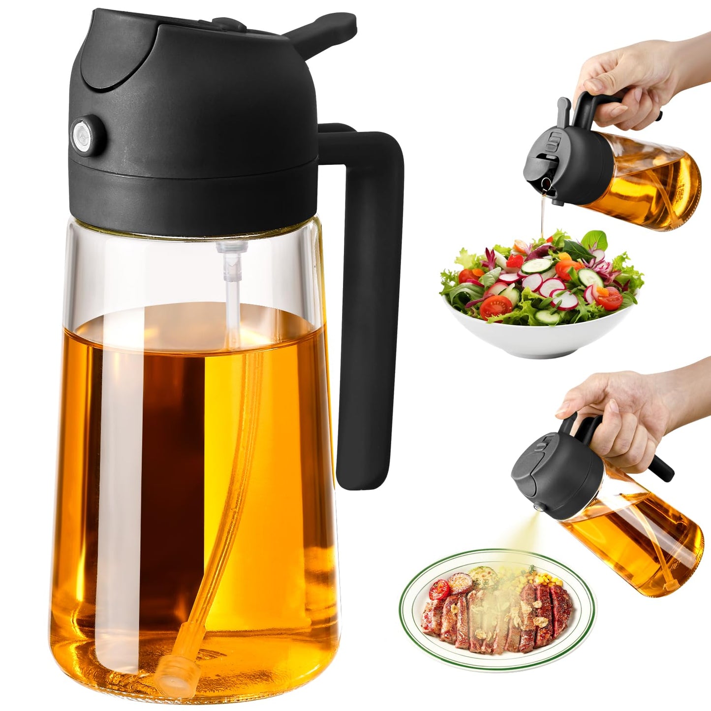 SWEET VIEW 2 in 1 Ölsprüher zum Kochen, 470ml Glasölflaschen/Olivenöl Sprühflasche für Salat, Grillen und Heißluftfritteuse (Schwarz)