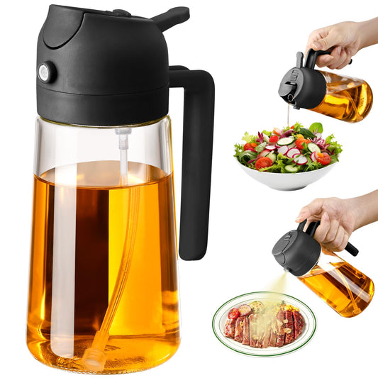 SWEET VIEW 2 in 1 Ölsprüher zum Kochen, 470ml Glasölflaschen/Olivenöl Sprühflasche für Salat, Grillen und Heißluftfritteuse (Schwarz)