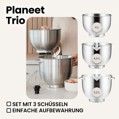 ZEEGMA PLANEET TRIO Planetenroboter, 1500 W, Multifunktionale Küchenmaschine mit 3 Schüsseln 4 l, 4,5 l und 5,2 l, 10 Betriebsgeschwindigkeiten, Mixer mit Haken, Schneebesen, Deckel mit Messgerät
