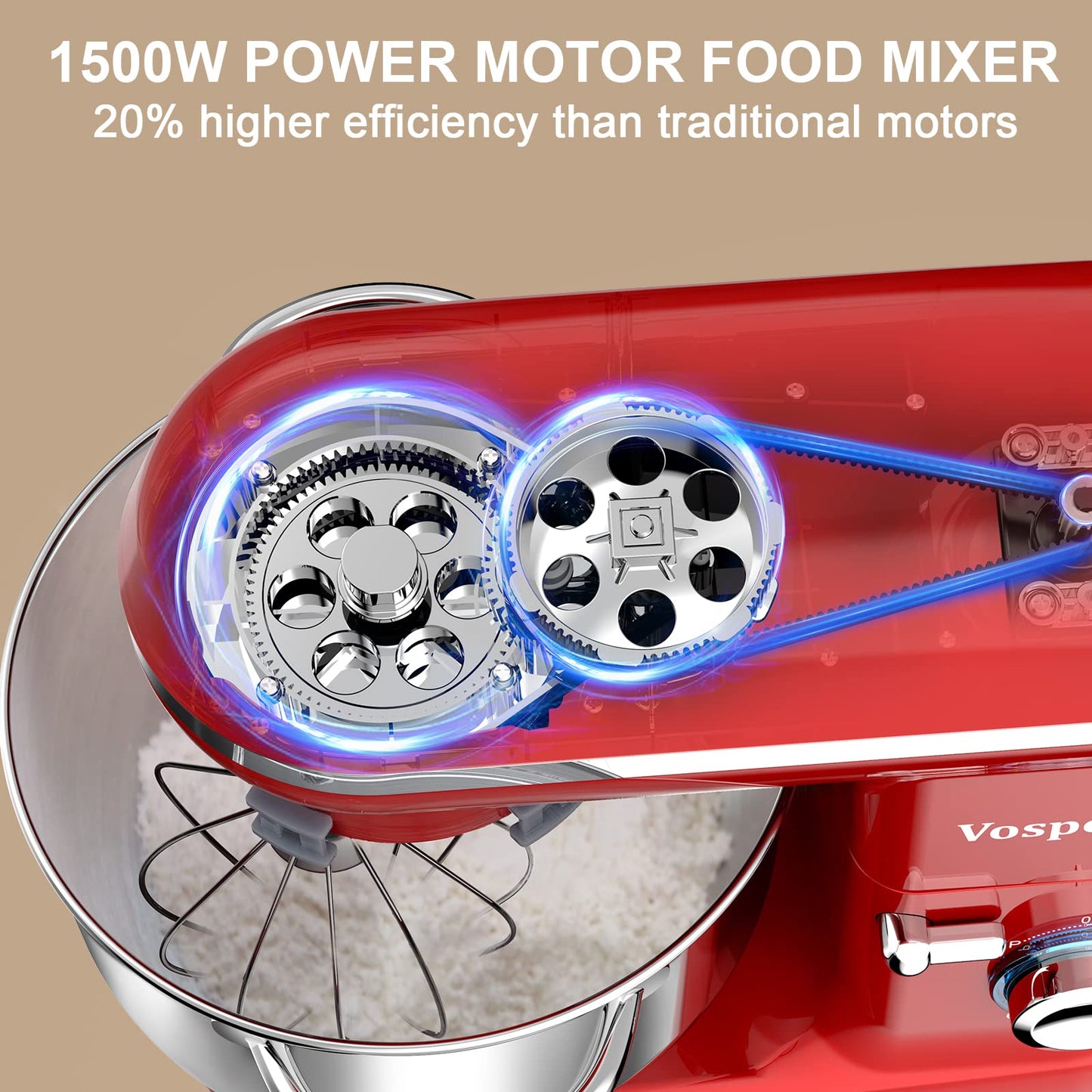 Batidora Amasadora Vospeed 1500W, 6.2L, Roja