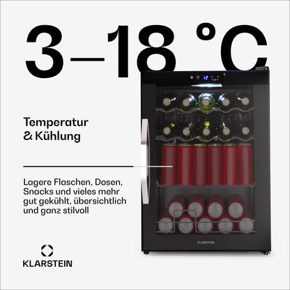 Klarstein Coachella 60 Getränkekühlschrank - 60 L Getränkekühler mit WLAN, Glastür, LED-Beleuchtung, 3-18 °C, 3 Metallablagen, Balanced Light, Energieeffizienz E, Schwarz