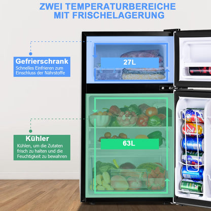 GOPLUS Kühlschrank mit Gefrierfach - Kühl Gefrierkombination / 90L Gesamtnutzinhalt, 27L Gefrierteil/Thermostat einstellbar/LED Innenbeleuchtung/Türanschlag wechselbar (Schwarz)