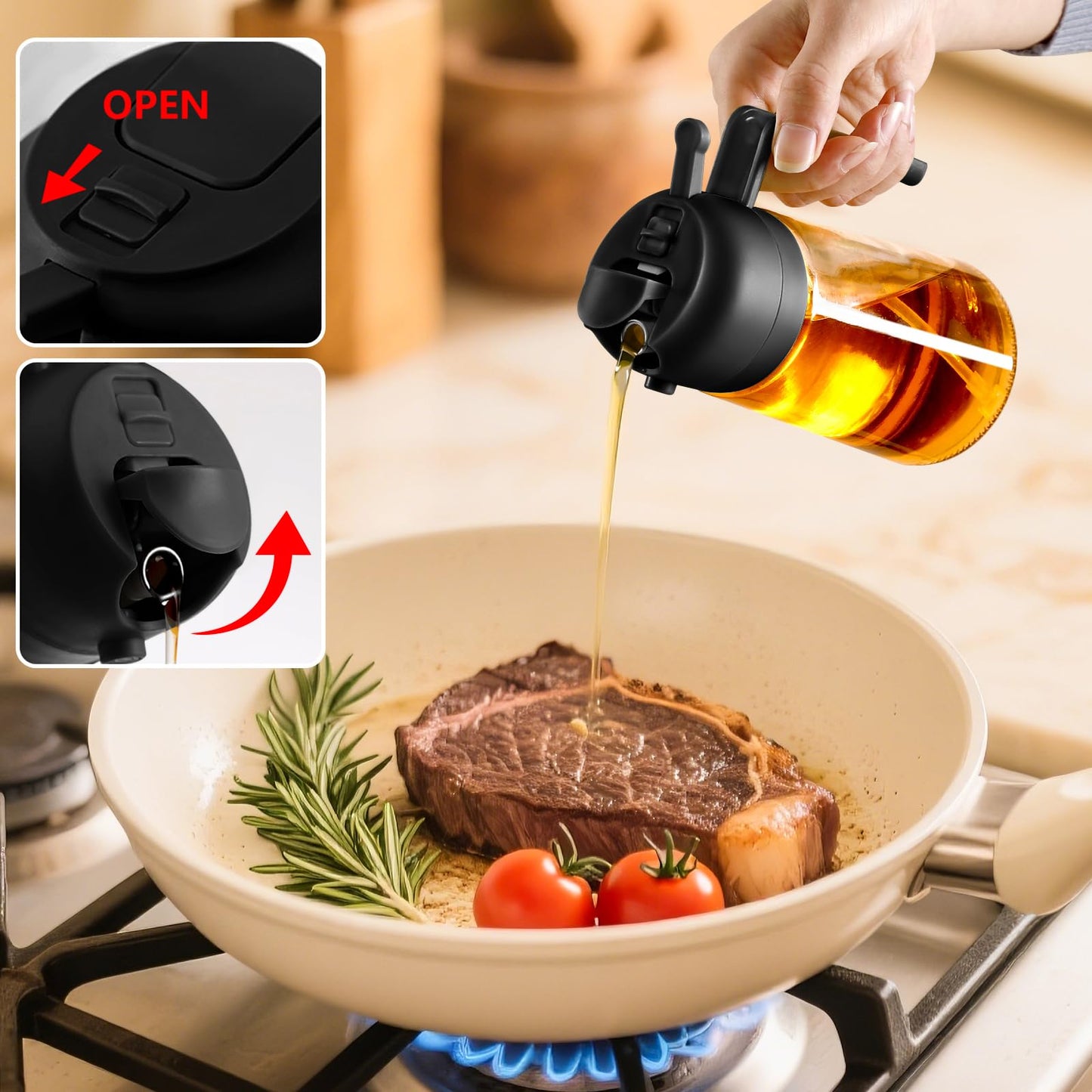 SWEET VIEW 2 in 1 Ölsprüher zum Kochen, 470ml Glasölflaschen/Olivenöl Sprühflasche für Salat, Grillen und Heißluftfritteuse (Schwarz)
