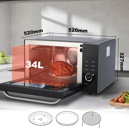 SMETA 8-in-1 Mikrowelle mit Heißluft & Grill & Kombi Funktion, Groß 34L, Mikrowelle mit Grill und Heißluft, 1000W Mikrowelle, 2400W Grill/Konvektion, Air Fry, Warmhaltestufe, 10 Auto-Menüs, Schwarz