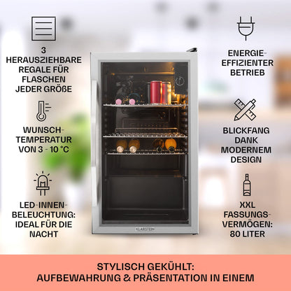 Klarstein Mini Kühlschrank mit Glastür, Mini, für Zimmer, Getränkekühlschrank Klein mit Verstellbaren Ablagen, 80 Liter, Indoor/Outdoor Kühlschrank Leise