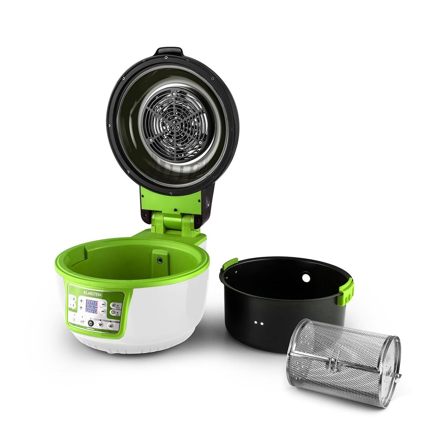 Klarstein VitAir Heißluftfritteuse Fritteuse, 1400 Watt, fett-frei Frittieren + Backen + Grillen + Rösten, Halogen-Infrarot-Heizelement, Automatik, Antihaft-Beschichtung, grün-weiß