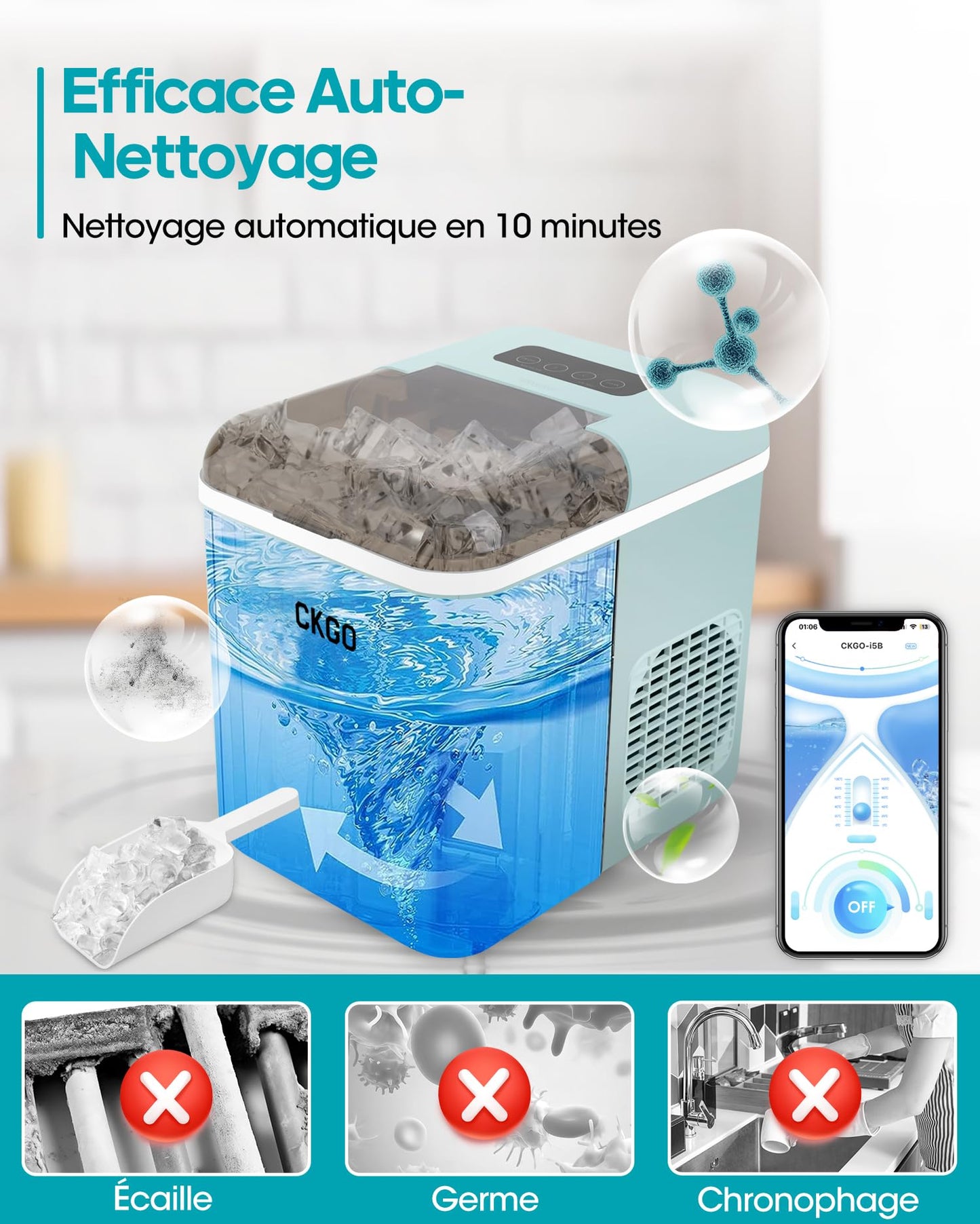 ZZLLKQ - Máquina de hielo inteligente, 2 tamaños de hielo, máquina Wi-Fi, control por aplicación, autolimpiante, máquina de hielo, 15 kg en 24 horas, 9 cubitos de hielo en 6-10 minutos, encimera paraa