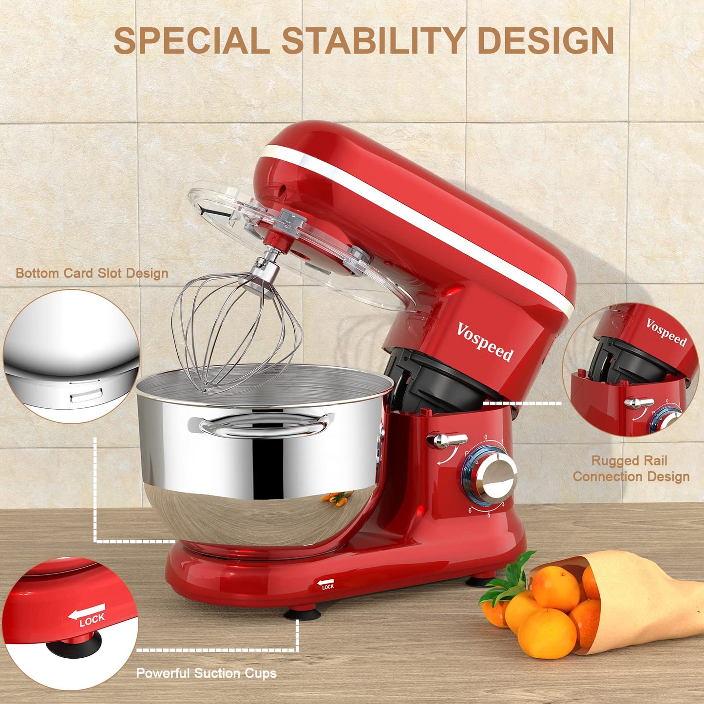 Batidora Amasadora Vospeed 1500W, 6.2L, Roja