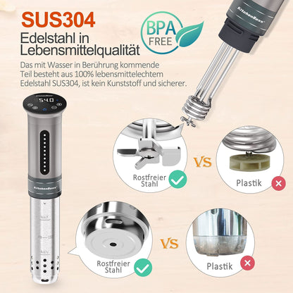 KitchenBoss Sous Vide Garer Stick Präzisionskocher•1100W •360° Zirkulation•40℃-90℃ Temperaturbereich • IPX7 Wasserdicht • LED Touch Display